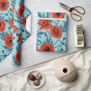 Papavers, rood en blauw op zwembad blauw cadeaupapier