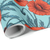 Papavers, rood en blauw op zwembad blauw cadeaupapier (Rol Hoek)