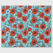 Papavers, rood en blauw op zwembad blauw cadeaupapier (Vlak)