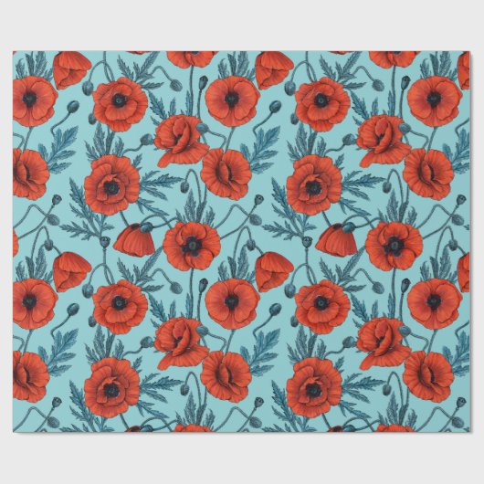 Papavers, rood en blauw op zwembad blauw cadeaupapier (Vlak)