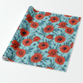 Papavers, rood en blauw op zwembad blauw cadeaupapier (Uitgerold)