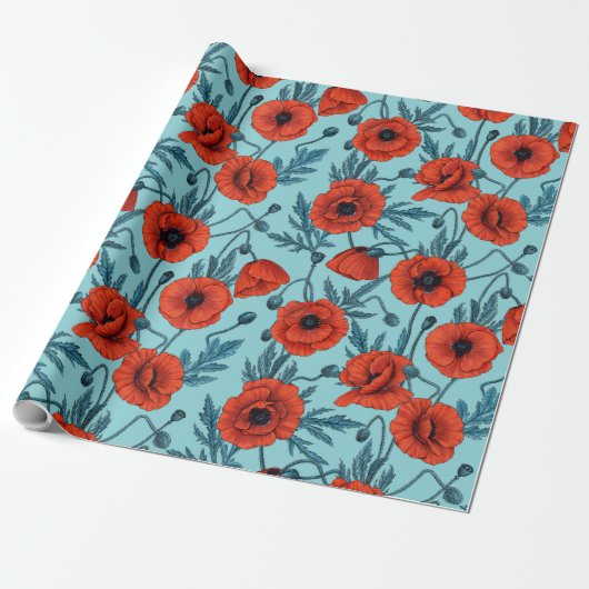 Papavers, rood en blauw op zwembad blauw cadeaupapier (Uitgerold)