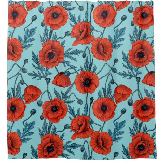 Papavers, rood en blauw op zwembad blauw douchegordijn (Voorkant)