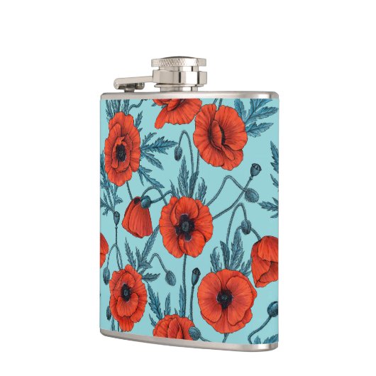 Papavers, rood en blauw op zwembad blauw heupfles (Links)