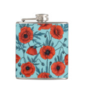 Papavers, rood en blauw op zwembad blauw heupfles (Voorkant)