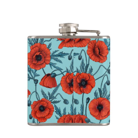 Papavers, rood en blauw op zwembad blauw heupfles (Achterkant)