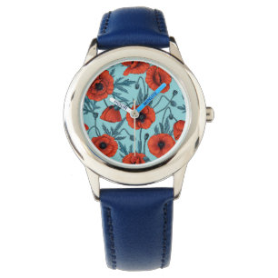 Papavers, rood en blauw op zwembad blauw horloge