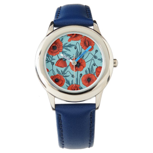 Papavers, rood en blauw op zwembad blauw horloge (Voorkant)