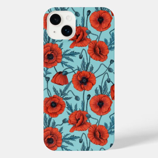 Papavers, rood en blauw op zwembad blauw iPhone hoesje (Achterkant)