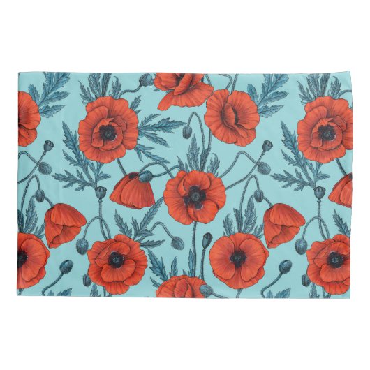 Papavers, rood en blauw op zwembad blauw kussensloop (Achterkant-Links)