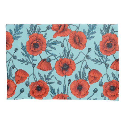 Papavers, rood en blauw op zwembad blauw kussensloop (Voorkant-Links)