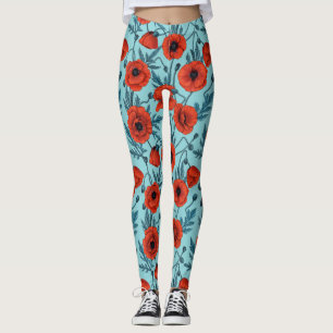 Papavers, rood en blauw op zwembad blauw leggings