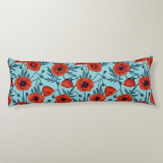 Papavers, rood en blauw op zwembad blauw lichaamskussen (Achterkant)