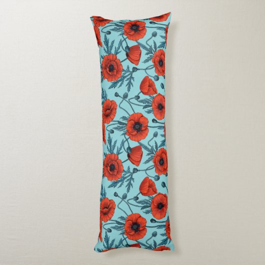 Papavers, rood en blauw op zwembad blauw lichaamskussen (Achterkant (Verticaal))