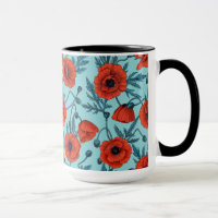 Papavers, rood en blauw op zwembad blauw