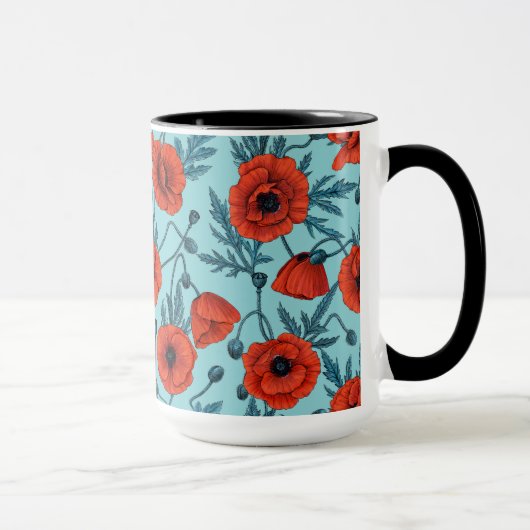 Papavers, rood en blauw op zwembad blauw mok (Rechts)