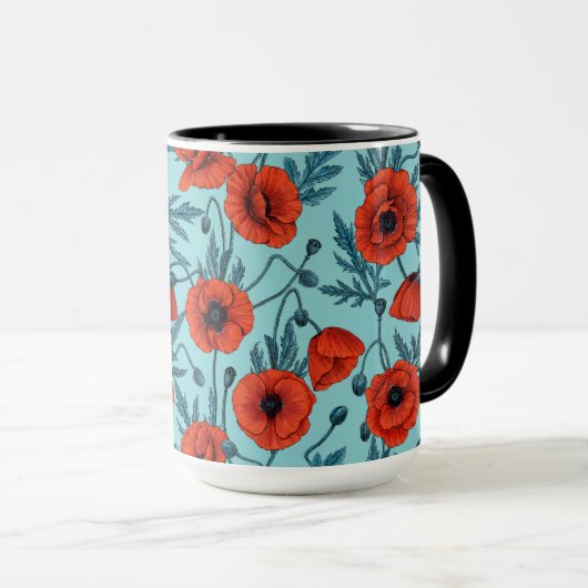 Papavers, rood en blauw op zwembad blauw mok (Voorkant rechts)