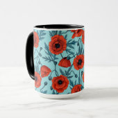 Papavers, rood en blauw op zwembad blauw mok (Voorkant links)
