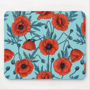 Papavers, rood en blauw op zwembad blauw muismat
