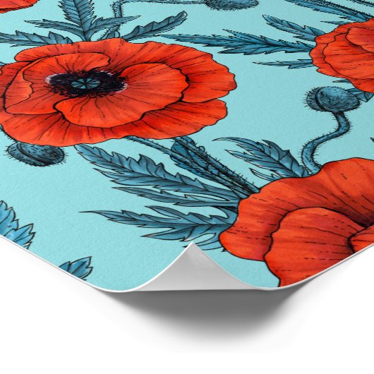 Papavers, rood en blauw op zwembad blauw poster (Hoek)