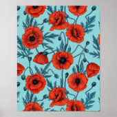 Papavers, rood en blauw op zwembad blauw poster (Voorkant)