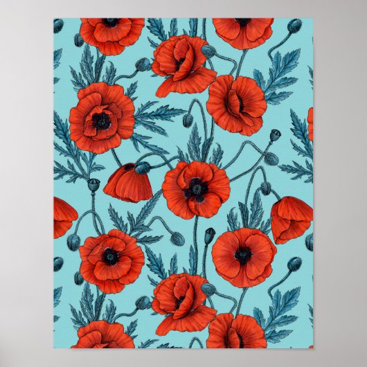 Papavers, rood en blauw op zwembad blauw poster (Voorkant)