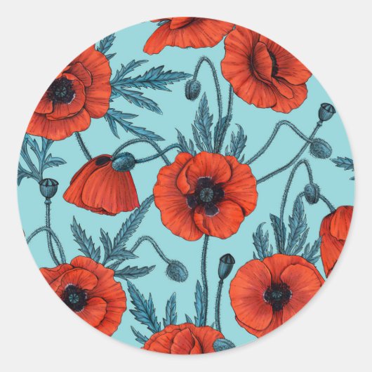 Papavers, rood en blauw op zwembad blauw ronde sticker (Voorkant)