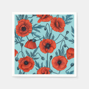 Papavers, rood en blauw op zwembad blauw servet