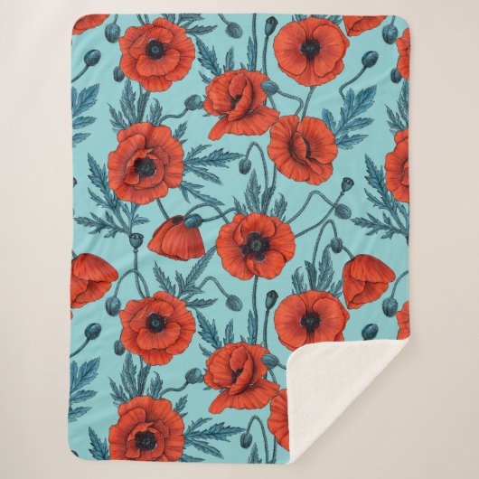Papavers, rood en blauw op zwembad blauw sherpa deken (Voorkant)