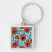 Papavers, rood en blauw op zwembad blauw sleutelhanger (Voorkant)