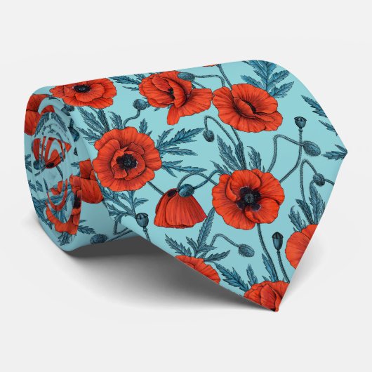 Papavers, rood en blauw op zwembad blauw stropdas (Opgerold)