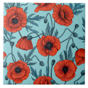 Papavers, rood en blauw op zwembad blauw tegeltje