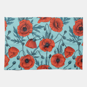 Papavers, rood en blauw op zwembad blauw theedoek