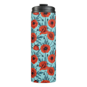 Papavers, rood en blauw op zwembad blauw thermosbeker