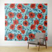Papavers, rood en blauw op zwembad blauw wandkleed (In Situ (horizontaal))