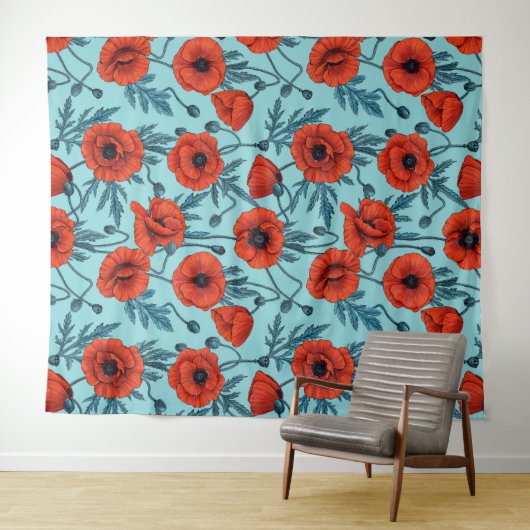 Papavers, rood en blauw op zwembad blauw wandkleed (In Situ (horizontaal))