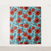 Papavers, rood en blauw op zwembad blauw wandkleed (Voorkant)