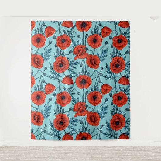 Papavers, rood en blauw op zwembad blauw wandkleed (Voorkant)