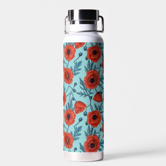 Papavers, rood en blauw op zwembad blauw waterfles (Achterkant)