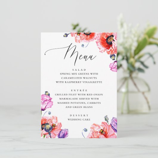 Papavers. Waterverf rode florale script bruiloft Menu (Staand voorkant)