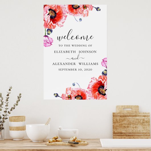Papavers. Waterverf roodflorale bruiloft welkom Poster (Keuken)