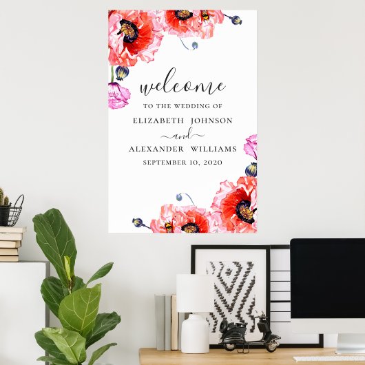 Papavers. Waterverf roodflorale bruiloft welkom Poster (Thuiskantoor)
