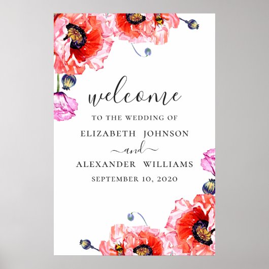 Papavers. Waterverf roodflorale bruiloft welkom Poster (Voorkant)