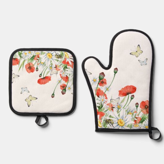 Papavers, wilde bloemen en vlinderbloemigen ovenwant & pannenlap set (Voorkant)