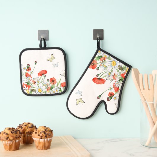 Papavers, wilde bloemen en vlinderbloemigen ovenwant & pannenlap set (Insitu(Ophanging))
