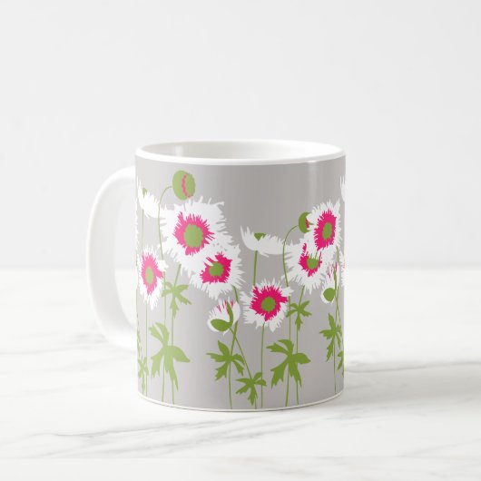 Papavers witte, roze en grijze grafische mok (Voorkant links)