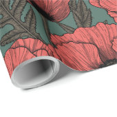 Papavertuin in koraal-, bruin- en pijngroen cadeaupapier (Rol Hoek)