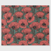 Papavertuin in koraal-, bruin- en pijngroen cadeaupapier (Vlak)