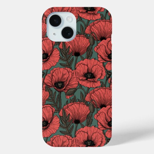 Papavertuin in koraal-, bruin- en pijngroen Case-Mate iPhone case (Achterkant)