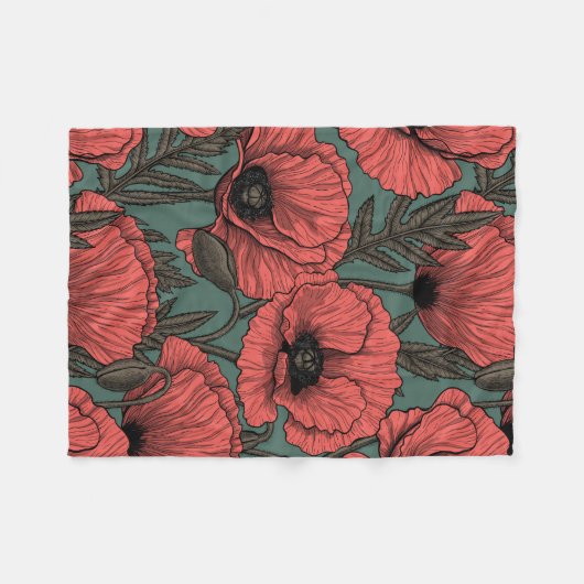 Papavertuin in koraal-, bruin- en pijngroen fleece deken (Voorkant (Horizontaal))